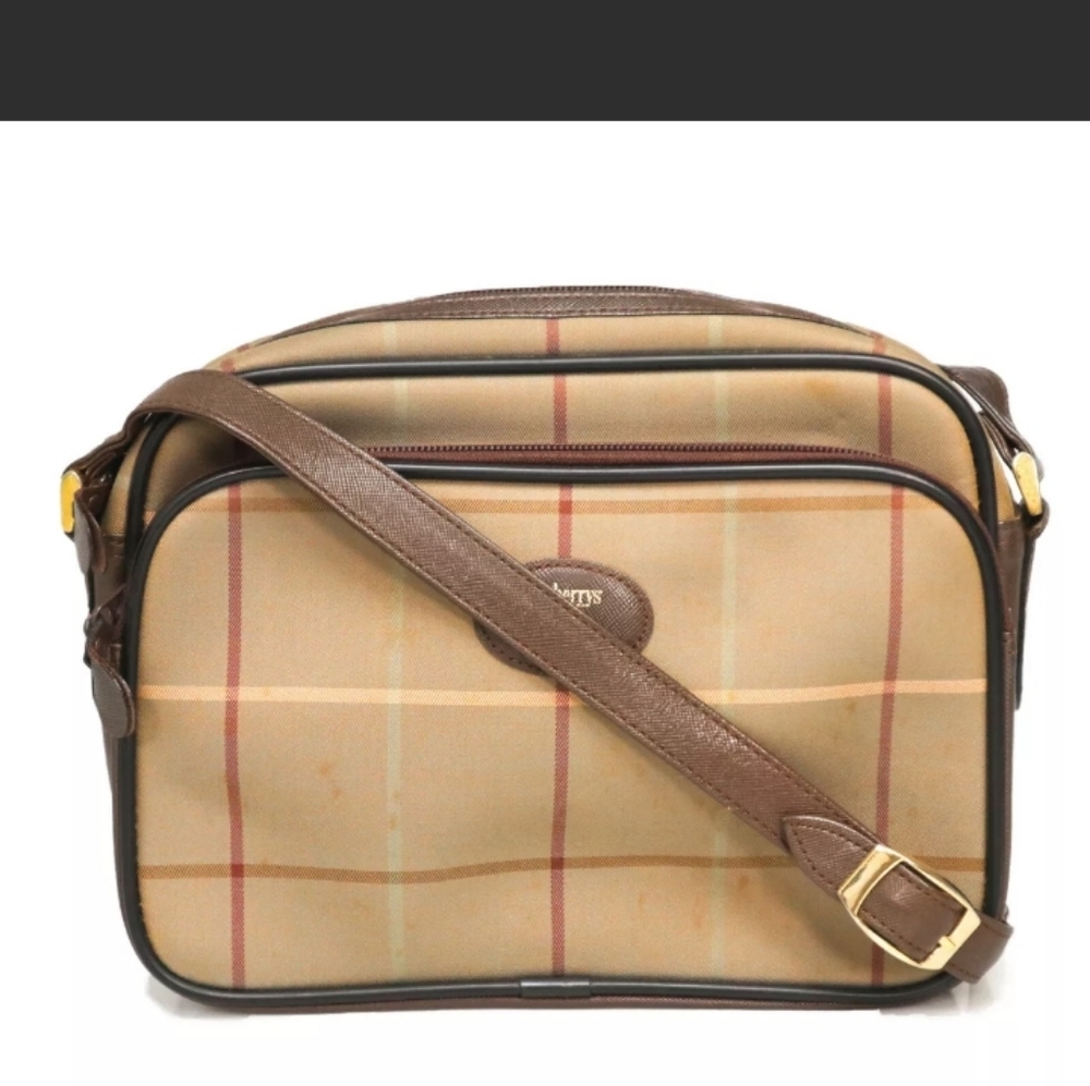 Burberry Vintage "Nova" Shoulder Bag Plaid Tan Brown Black White Blue Purse